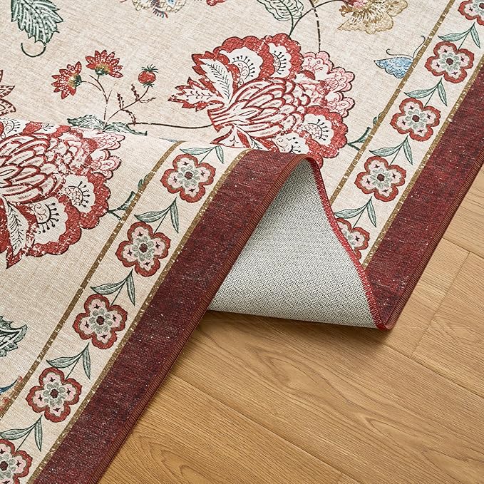 jinchan 6ft Floral Round Rug for Dining Room Washable Living Room Rug Vintage Romance Design Non Slip Indoor Floor Cover Lightweight Low-Profile Throw Carpet for Bedroom Porch Patio, Red/Beige-BubblyBeeBaby