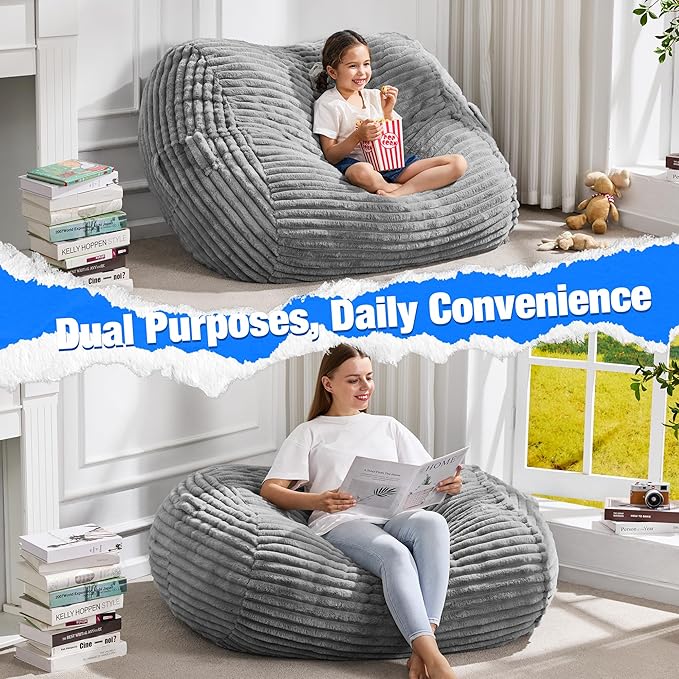 Hobestluk 3FT Bean Bag Chairs Adult Bean Bag with Portable Handle Comfy Large Bean Bag Chair with Removable Cover for Living Room Bedroom or Reading Nook (Stripe Grey, 3FT)-BubblyBeeBaby
