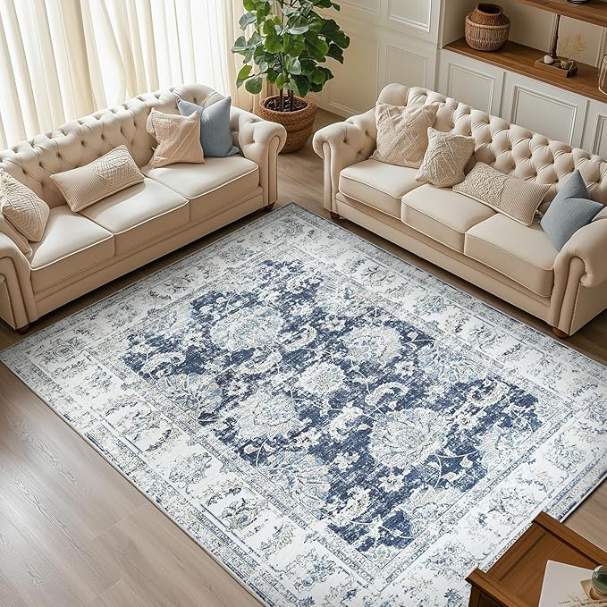 jinchan 6x9 Area Rug for Living Room Machine Washable Vintage Floral Distressed Design Stain Resistant Boho Carpet Ultra-Thin Low Pile Non-Slip Rug for Bedroom Dining Room Home Office(6‘x9',Dark Blue)-BubblyBeeBaby