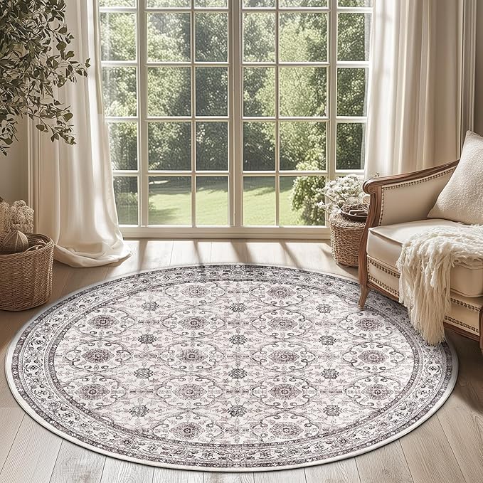 jinchan Round Rug 6ft Washable Circle Soft Rug - Low Pile Vintage 6'Round Indoor Beige Floral Print Stain Resistant Boho Carpet Ultra-Thin Non-Slip for Living Room Nursery Bedroom Dining Room Kitchen-BubblyBeeBaby