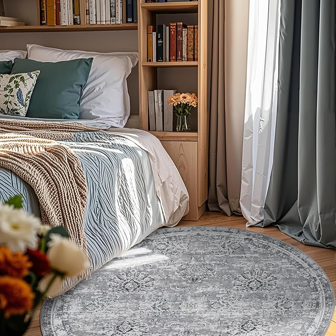 jinchan Round Rug 6ft Area Rug - Grey Vintage Floor Mat Kitchen Indoor Ultra-Thin Soft Floral Print - Washable Circle 6' Retro Accent for Farmhouse Non Slip Dining Room Living Room Bedroom Office-BubblyBeeBaby