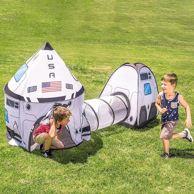 JOYIN White Rocket Ship Pop up Play Tent with Tunnel and Playhouse Kids Indoor Outdoor Spaceship Tent Set-BubblyBeeBaby