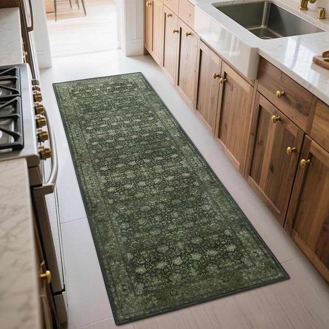 2'6x8' Washable Runner Rug for Hallway, Non Slip Vintage Floral Long Carpet Runners for Entryway, Kitchen, Bathroom, Bedroom, Low Pile Laundry Rugs Rubber Backing (Distressed Green)-BubblyBeeBaby