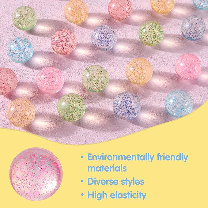 JOYIN 24 PCS Glitter Bouncy Balls, 6 Styles 32mm Assorted Bouncy Balls Bulk with Storage Bag, Bounce Toys for Kids Party Favors Birthdays Gifts Goodie Bags Stuffers Carnival Prizes-BubblyBeeBaby