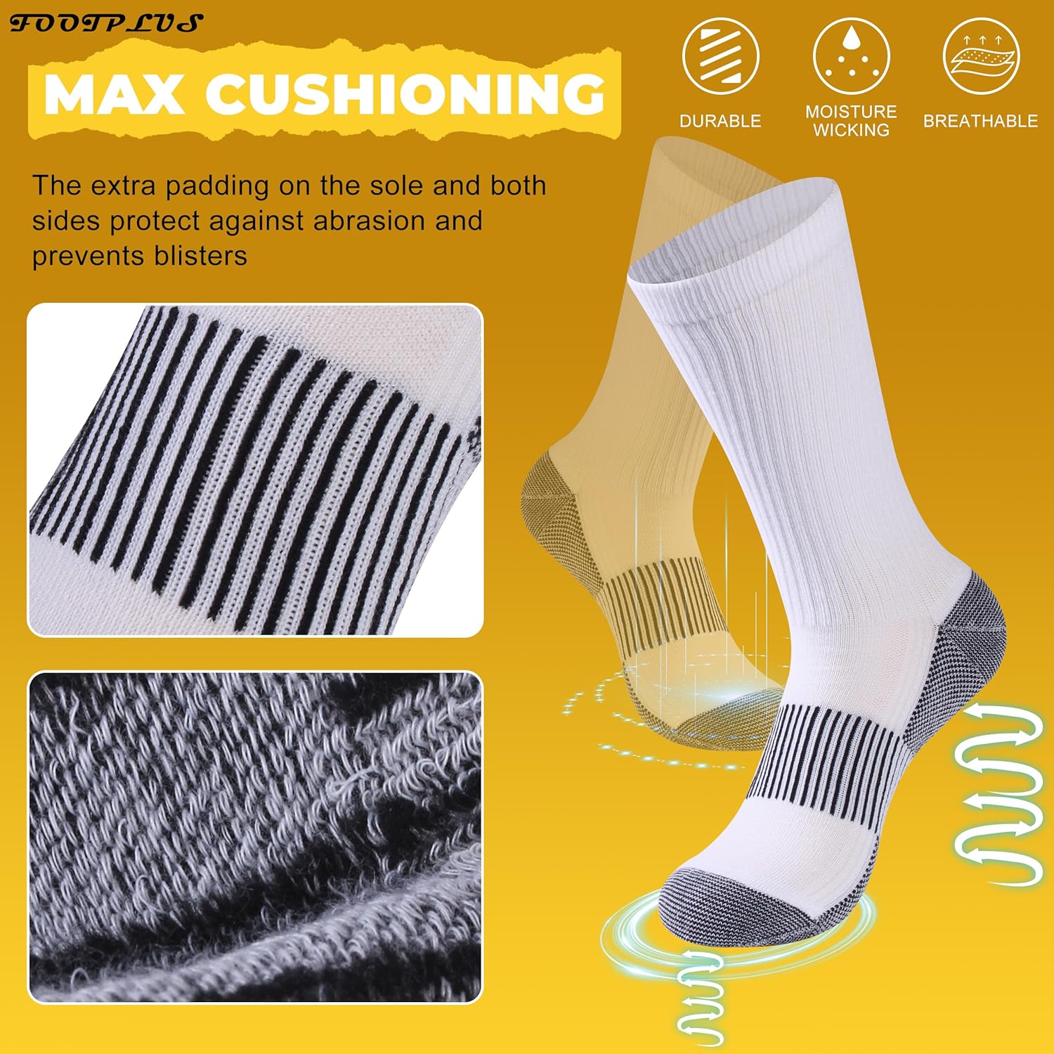 FOOTPLUS Hiking Copper Compression Socks,Unisex Cushioned Sole Arch Support Athletic Crew Running Socks