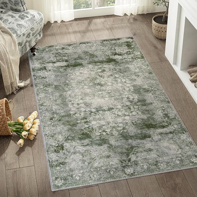 jinchan Green Floral 3x5 Area Rugs for Entryway - Machine Washable Vintage Distressed Design Low-Pile Soft Non-Shedding Carpet for Kitchen Bedside Laundry Living Room (3x5ft, Forest Green)-BubblyBeeBaby