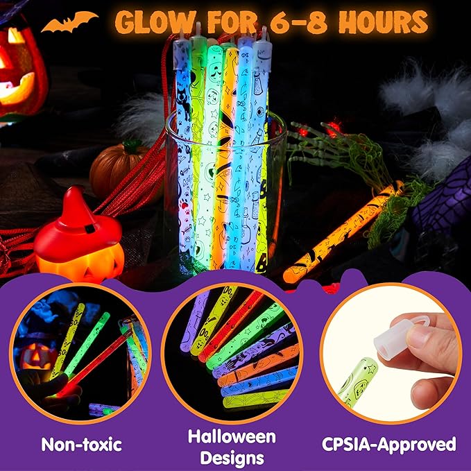 JOYIN 30 Pcs Halloween Glow Sticks Bulk Party Pack, Hanging Wands in 8 Design, 6 Color Light Up Stick for Kid Glow in The Dark Halloween Party Favor Supplies, Goodie Bag Filler, Trick or Treating Gift-BubblyBeeBaby