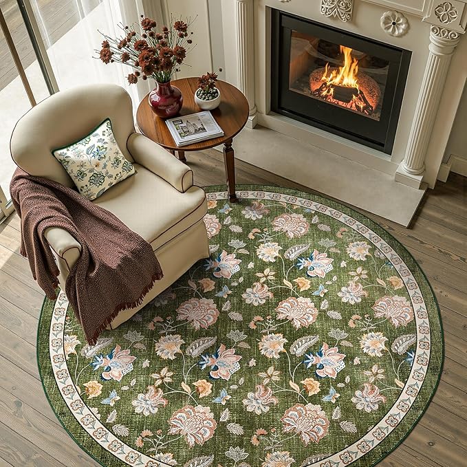 jinchan 5ft Floral Round Rug for Entryway Washable Kitchen Rug Vintage Romance Design Non Slip Indoor Doormat Lightweight Low-Profile Throw Carpet for Living Room Dining Room Bedroom, Green-BubblyBeeBaby
