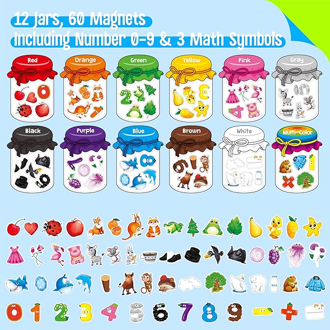 12 Pieces Magnetic Color Sorting Toys, 60 Color, Number & Math Symbol Magnets Early Educational Sorting Set for Refrigerator Whiteboard Baby Toddlers Kids-BubblyBeeBaby