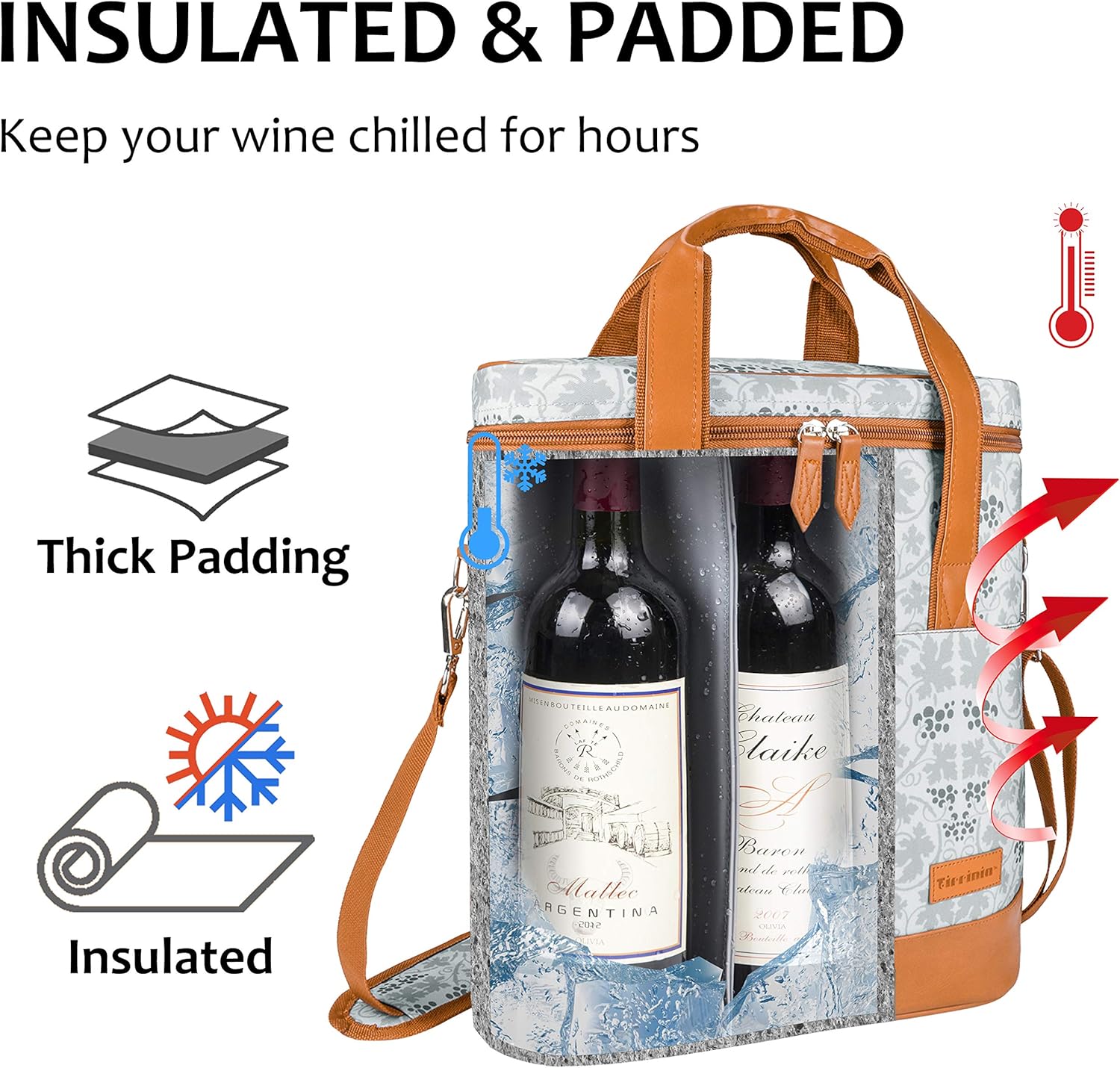 Tirrinia Insulated Wine Gift carrier - 3 Bottle Travel Padded Wine Carry Cooler Tote Bag with Handle and Adjustable Shoulder Strap, White Flower