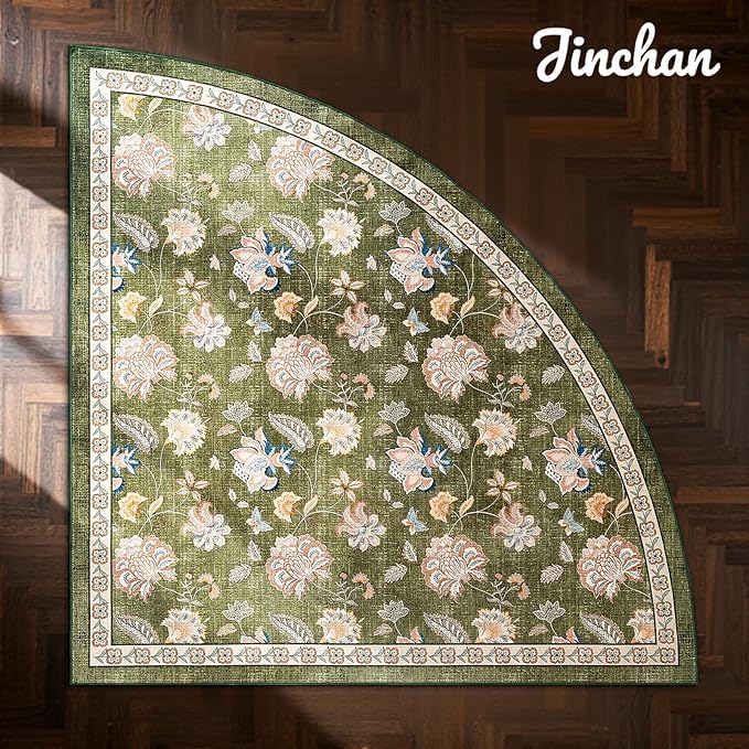 jinchan Floral Corner Rug for Living Room Washable Bedroom Rug Vintage Romance Design Non Slip Quarter Circle Lightweight Low-Pile Throw Carpet for Reading Nook Playroom,6ft Radius, Green-BubblyBeeBaby