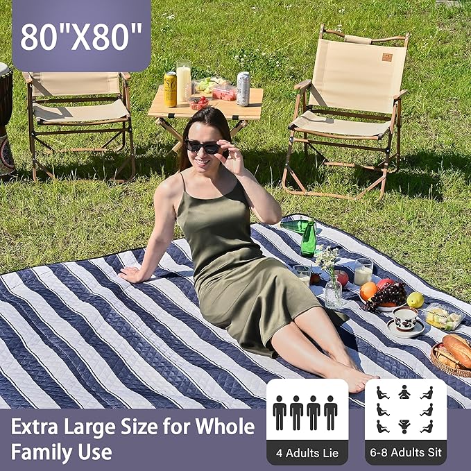 HX&OD Outdoor Picnic Blanket Extra Large, 80''*80'' Waterproof Picnic Mat with Stakes Foldable Camping Blanket Portable with Carry Strap for Beach Mat (Blue& White, 80''*80'')-BubblyBeeBaby
