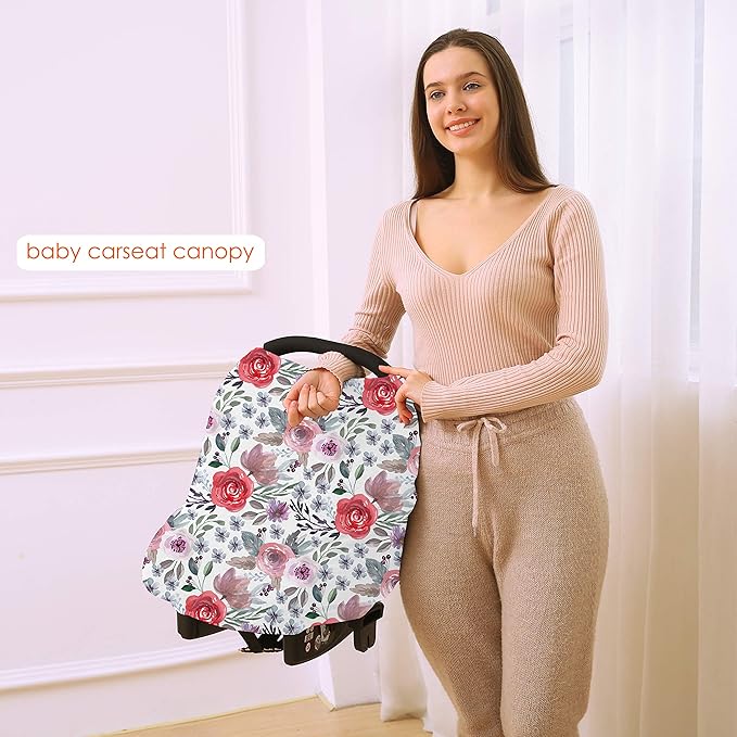 Multi-use Canopy Breastfeeding Cover - Car Seat Canopy for Babies, Stretchy Carseat Cover, Boys and Girls Shower Gift (Purple Flower)-BubblyBeeBaby