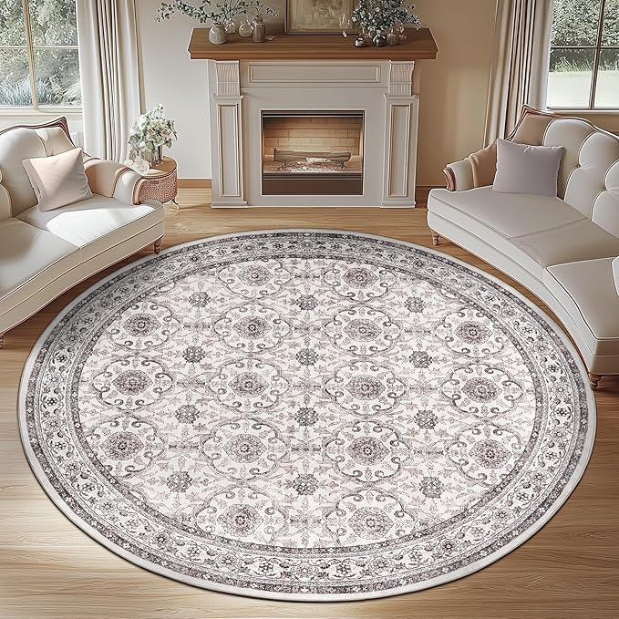 jinchan Round Rug 7ft Washable Circle Soft Rug - Low Pile Vintage 7'Round Indoor Beige Floral Print Stain Resistant Boho Carpet Ultra-Thin Non-Slip for Living Room Bedroom Dining Room Kitchen-BubblyBeeBaby