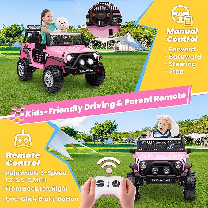 24V 4WD Ride on Truck Car w/800W Motors, Gift Flower, Remote Control, 2 Seaters, Light Bar, 3 Speeds, Pop Music, Power Four Wheels, 25 Volt Ride on Toy Car for Big Kids, Pink-BubblyBeeBaby