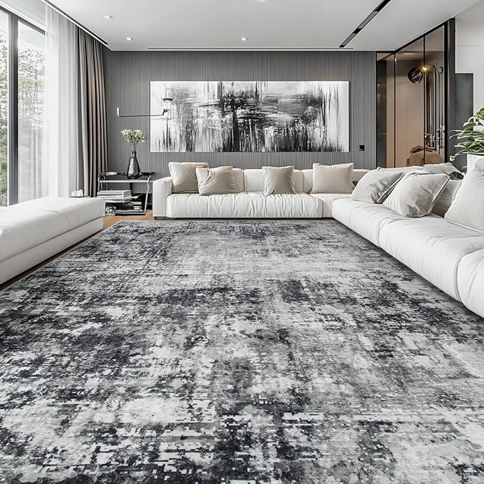 10x14 Area Rugs Large Living Room Rug Washable: Modern Abstract Rug Indoor Modern Carpet Non Slip for Dining Room Bedroom Nursery Home Office Black Grey-BubblyBeeBaby