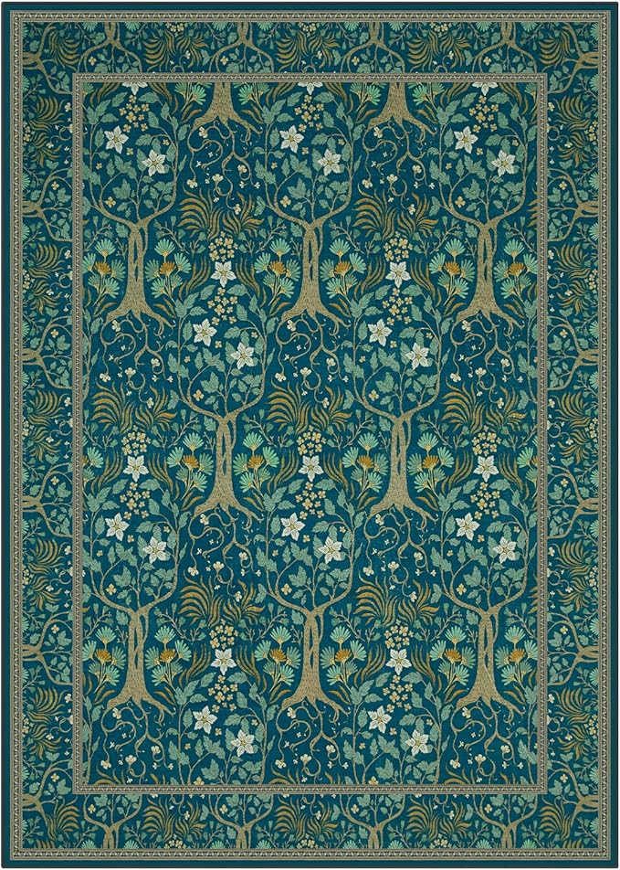 Joydeco Washable Area Rugs 5x7, Boho Floral Dining Room Rug Non Slip, Soft Low-Pile Botanical Forest Indoor Floor Throw Carpet for Living Home Office Playroom Foyer, Dark Blue-BubblyBeeBaby