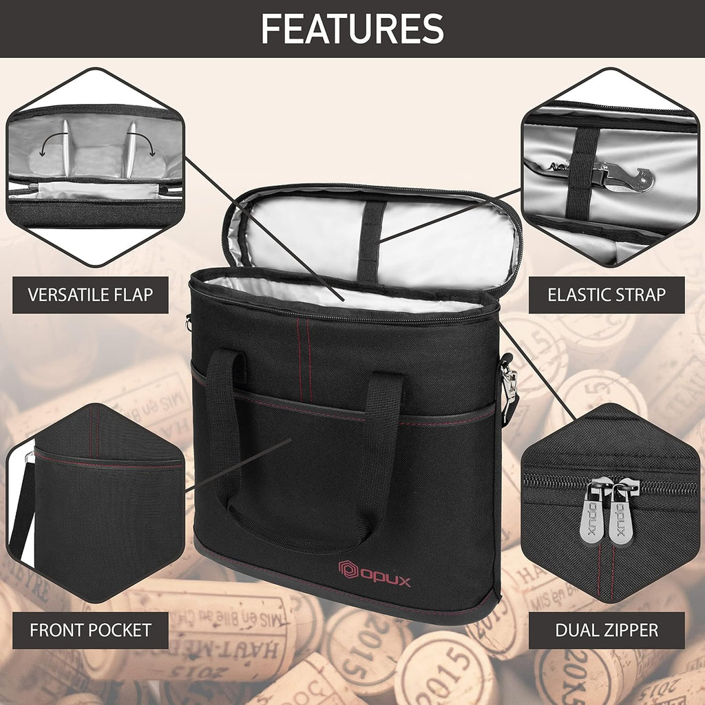 OPUX 3 Bottle Wine Carrier Tote, Insulated Leakproof Wine Cooler Bag, Wine Travel Bag Tote for Picnic BYOB Beach, Portable Wine Bottle Carrying Case, Gift for Wine Lover Women Men Christmas, Black