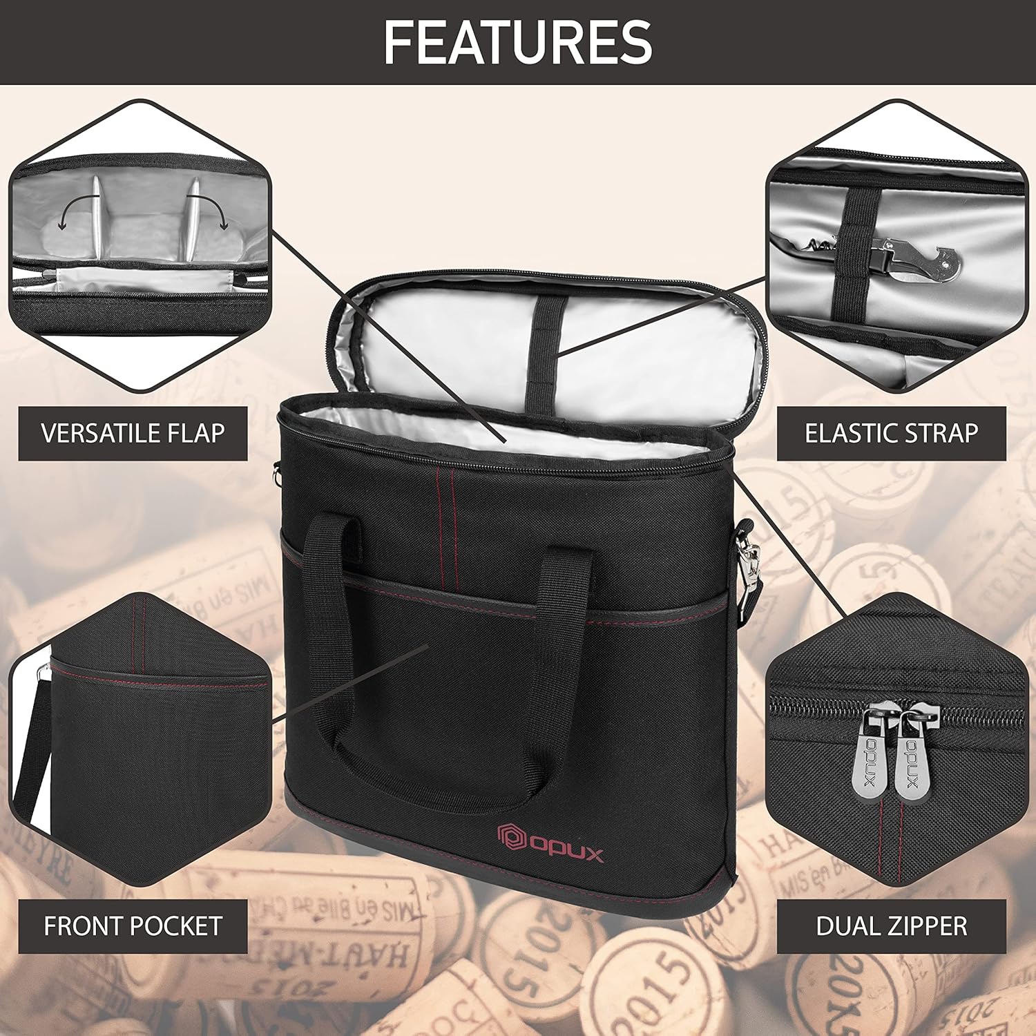 OPUX 3 Bottle Wine Carrier Tote, Insulated Leakproof Wine Cooler Bag, Wine Travel Bag Tote for Picnic BYOB Beach, Portable Wine Bottle Carrying Case, Gift for Wine Lover Women Men Christmas, Black