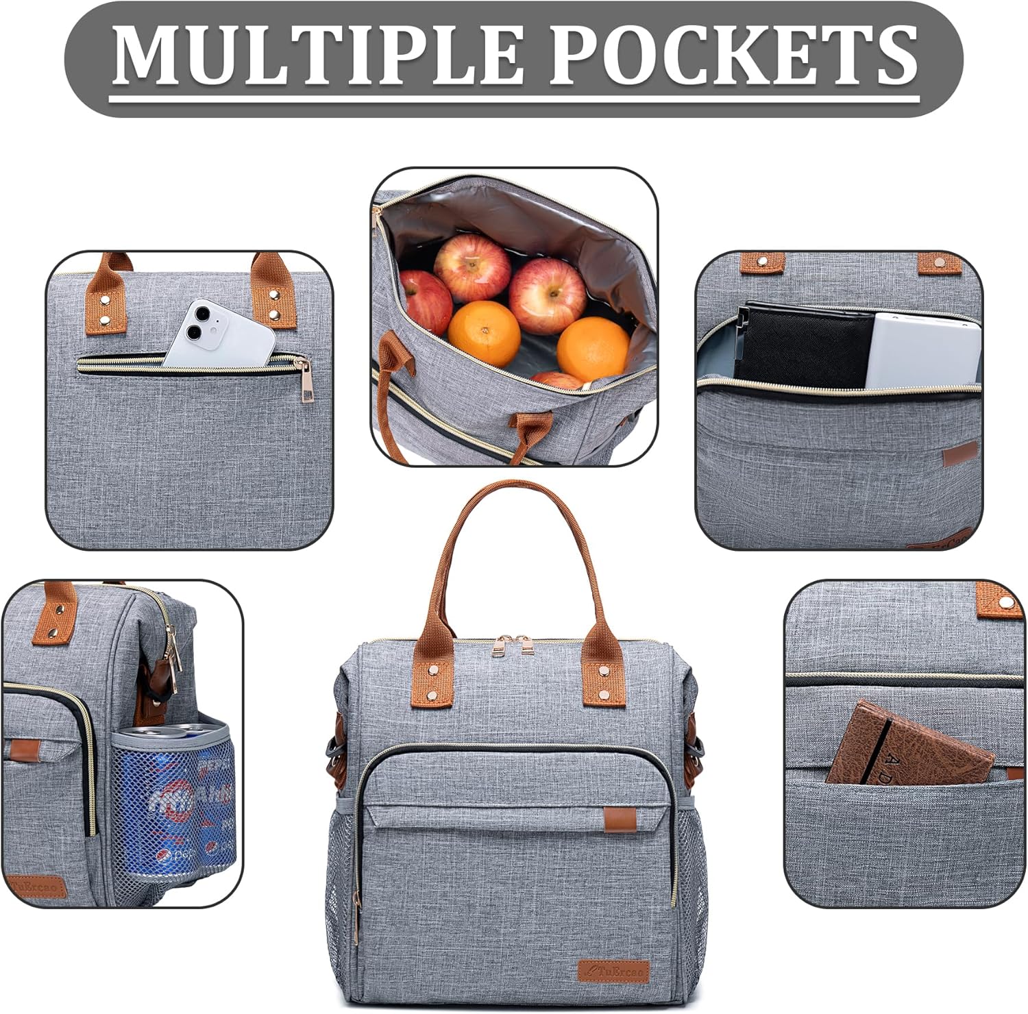 TuErCao Adult Lunch Box - Insulated Lunch Bag Women for Work, Soft Cooler for Beach Travel Picnic, Ladies Lunch Tote Bag for Office, Grey