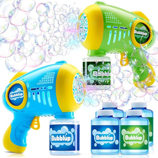 JOYIN 2 Kids Bubble Guns with 4 Bottles Solution, Automatic Bubble Machine Gun with 8 Holes for Kids, Adults, Summer Toys, Easter Basket Stuffers, Birthday Gift, Party Favors-BubblyBeeBaby