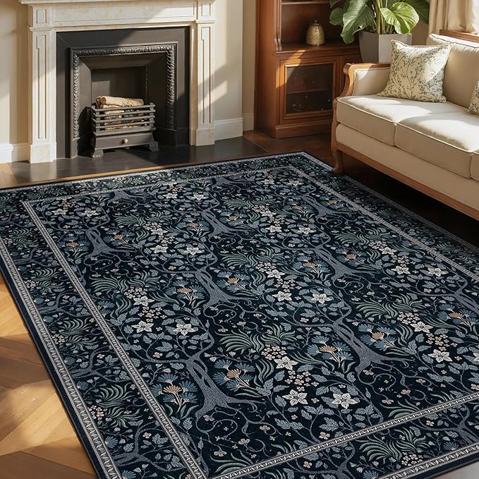 Joydeco Floral Living Room Rugs, Washable Large Bedroom Rug 8x10 Under Bed Non Slip, Soft Forest Botanical Low-Pile Floor Indoor Throw Carpet for Dining Table Home Office, Blue-Black-BubblyBeeBaby
