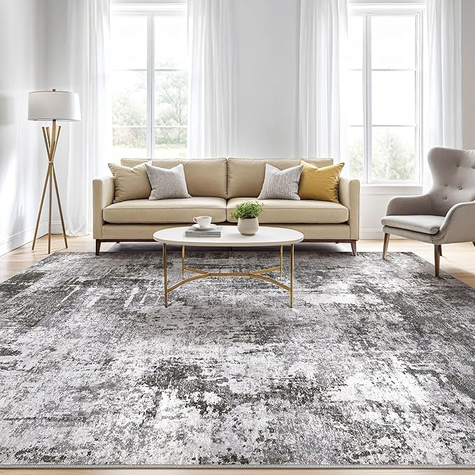 10x14 Area Rugs Living Room: Washable Large Abstract Modern Soft Rug Stain Resistant Indoor Floor Non Slip Accent Carpet for Bedroom Nursery Playroom Office Dining Room Dorm Home House- Black Grey-BubblyBeeBaby