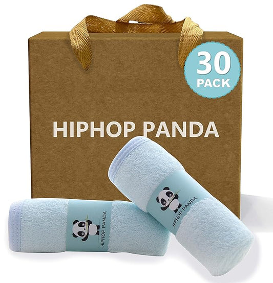 HIPHOP PANDA Baby Washcloths, Rayon Made from Bamboo - 2 Layer Ultra Soft Absorbent Newborn Bath Face Towel - Reusable Baby Wipes for Delicate Skin - Blue, 30 Pack-BubblyBeeBaby