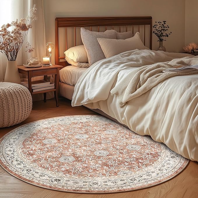 jinchan Round Rug 6ft Washable Circle Soft Rug - Low Pile Vintage 6'Round Indoor Orange Floral Print Stain Resistant Boho Carpet Ultra-Thin Non-Slip for Living Room Nursery Bedroom Dining Room Kitchen-BubblyBeeBaby