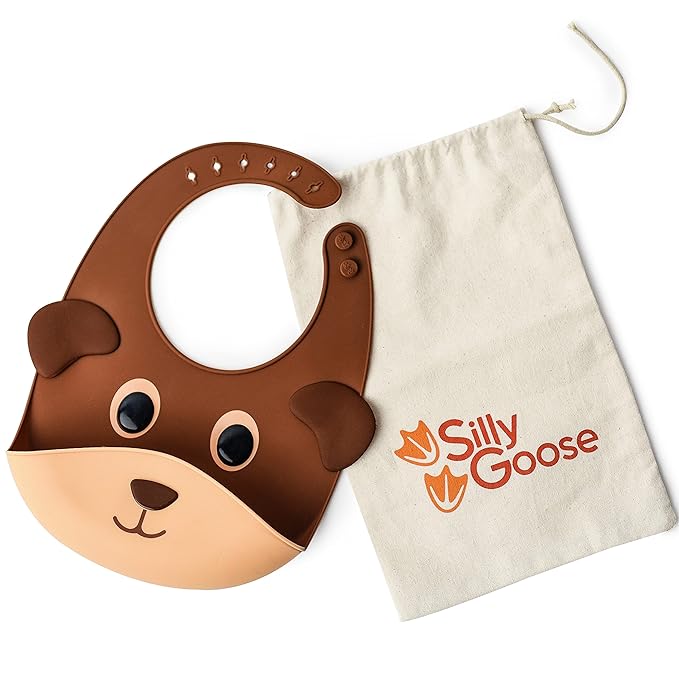 Silly Goose Silicone Animal Baby Bibs for Babies and Toddlers, Waterproof, Adjustable, Soft, Extra Wide Food Catcher Pocket (Baby Bear)-BubblyBeeBaby
