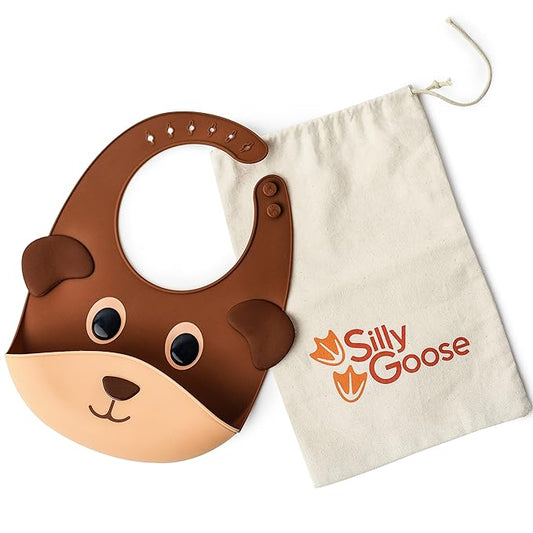 Silly Goose Silicone Animal Baby Bibs for Babies and Toddlers, Waterproof, Adjustable, Soft, Extra Wide Food Catcher Pocket (Baby Bear)-BubblyBeeBaby