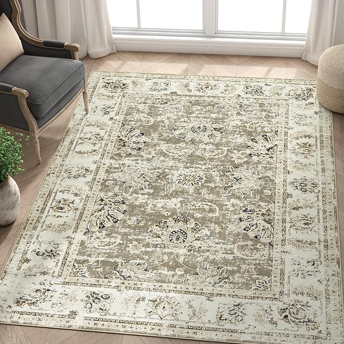 jinchan Washable Area Rug 5x7 Ultra-Thin Low Pile Non Slip Stain Resistant Soft Faux Wool Floral Distressed Vintage Carpet for Bedroom,Living Room,Dining Room,Kitchen,Nursery(Taupe, 5' x 7')-BubblyBeeBaby
