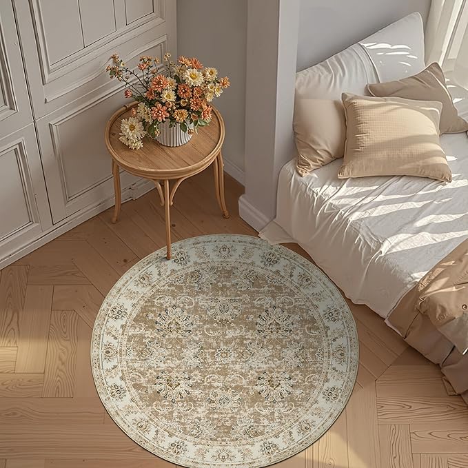jinchan Round Rug 5ft Area Rug - Indoor Vintage Hallway Circle 5' Washable - Ultra-Thin Low Pile Soft Small Non Slip Distressed Floral Print for Living Room Dining Room Bedroom Entryway Taupe-BubblyBeeBaby