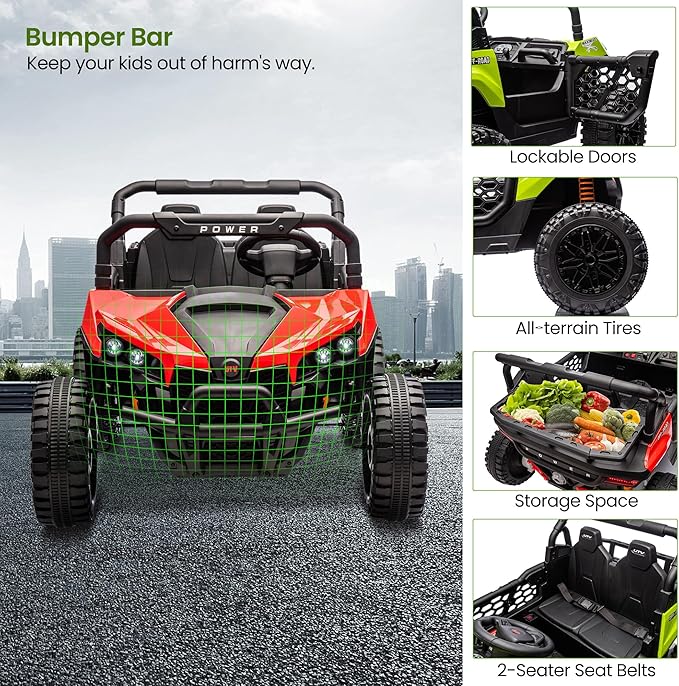 24V 2 Seater Ride On Car Truck, Power Wheels Kids UTV w/Parent Remote Control, 3.1 MPH Max Speed, Music Player, LED Lights & Storage, Electric Vehicle Ride On Toy for Kids Toddler Ages 3-8, Red-BubblyBeeBaby