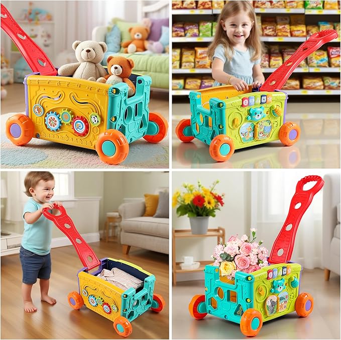 Interactive Learning Push Walker Toy for Toddlers, Musical Activity Wagon with Handle, Educational Rolling Cart with Blocks-BubblyBeeBaby