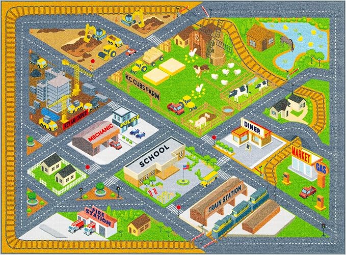 KC Cubs 8x10 Country Farm Construction Car Road Street Rug – Educational Carpet Play Mat for Kids, Toddlers Nursery, Classroom, Playroom, Baby Daycare-BubblyBeeBaby