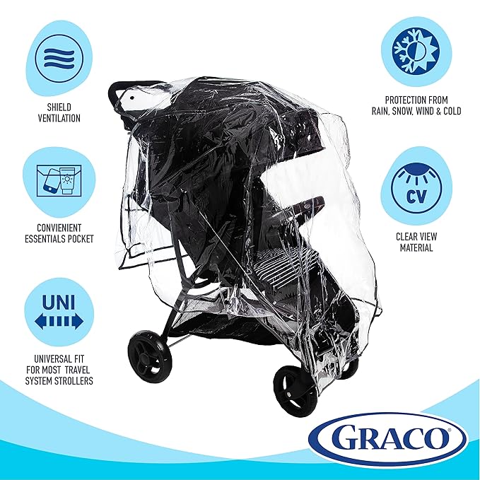 Graco Travel System Weather Shield, Baby Rain Cover, Universal Size to fit Most Travel Systems, Waterproof, Windproof, Ventilation, Sun Protection, Shade, Umbrella, Pram, Vinyl, Plastic, Clear-BubblyBeeBaby