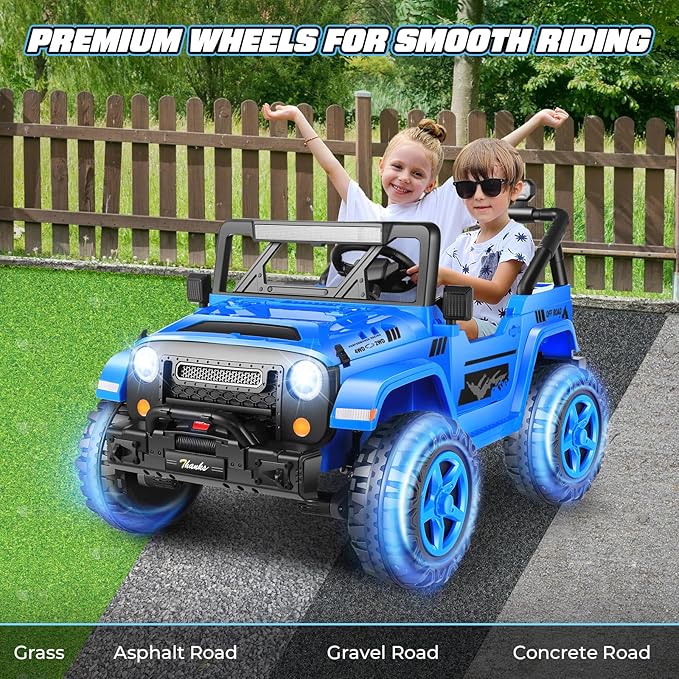 Hikole 24V Kids Ride on Car - 2 Seater, 4WD/2WD Switch, 4x200W Motor, Remote Control, 3 Speeds, LED Lights, Safety Belt, Off-Road Electric Vehicles for Boys Girls, Blue-BubblyBeeBaby
