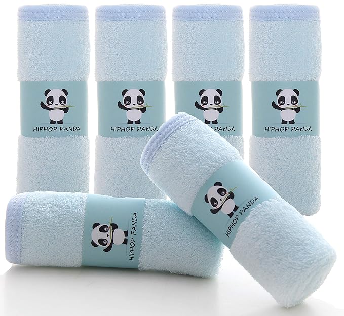 HIPHOP PANDA Baby Washcloths, Rayon Made from Bamboo - 2 Layer Ultra Soft Absorbent Newborn Bath Face Towel - Reusable Baby Wipes for Delicate Skin - Blue, 6 Pack-BubblyBeeBaby