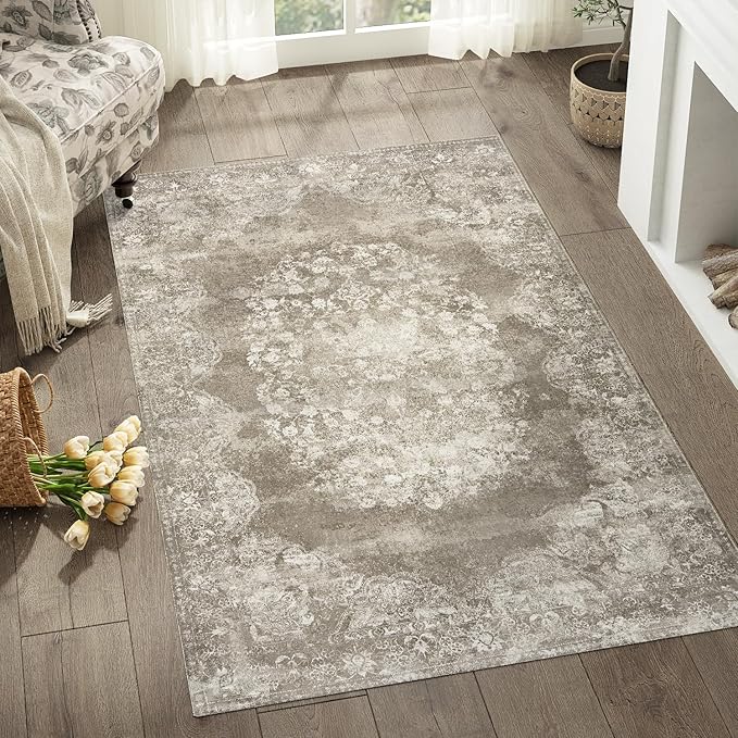 jinchan Washable Area Rug 3x5 Entryway - Soft Distressed Vintage Floral Indoor Bedroom Rug Faux Wool Low Pile Small Oriental Accent Carpet for Kitchen,Entrance,Bedside,Dining Room(Brown,3'x5')-BubblyBeeBaby