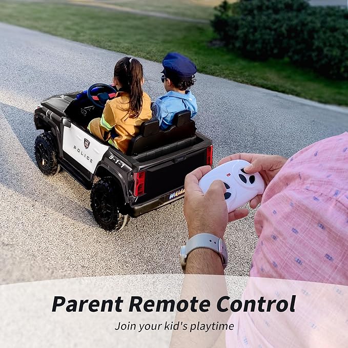 12V 7Ah Electric Police Car Ride on Toy for Big Kids, 2 Seater Kids Ride on Car SUV with Remote Control, Bluetooth - Black-BubblyBeeBaby