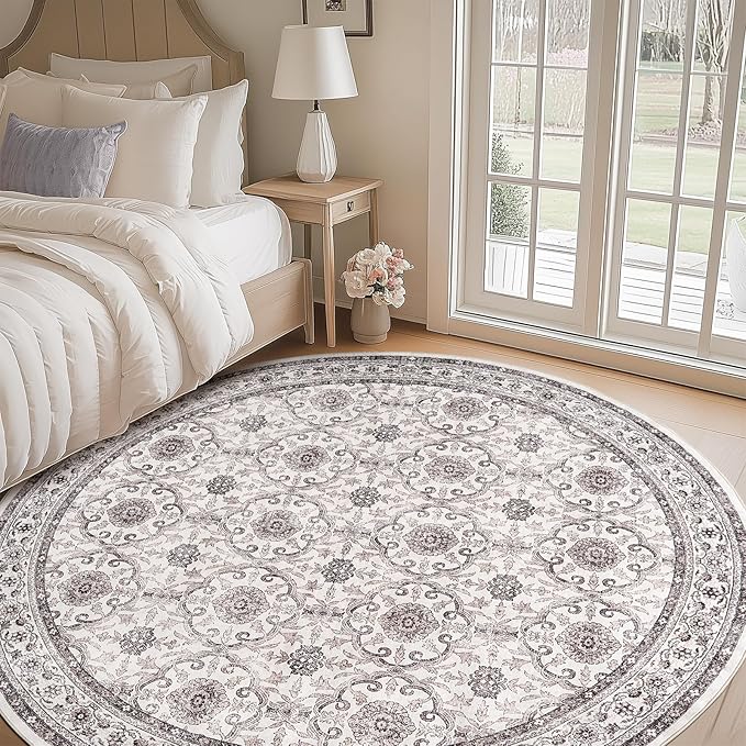 jinchan Round Rug 7ft Washable Circle Soft Rug - Low Pile Vintage 7'Round Indoor Beige Floral Print Stain Resistant Boho Carpet Ultra-Thin Non-Slip for Living Room Bedroom Dining Room Kitchen-BubblyBeeBaby
