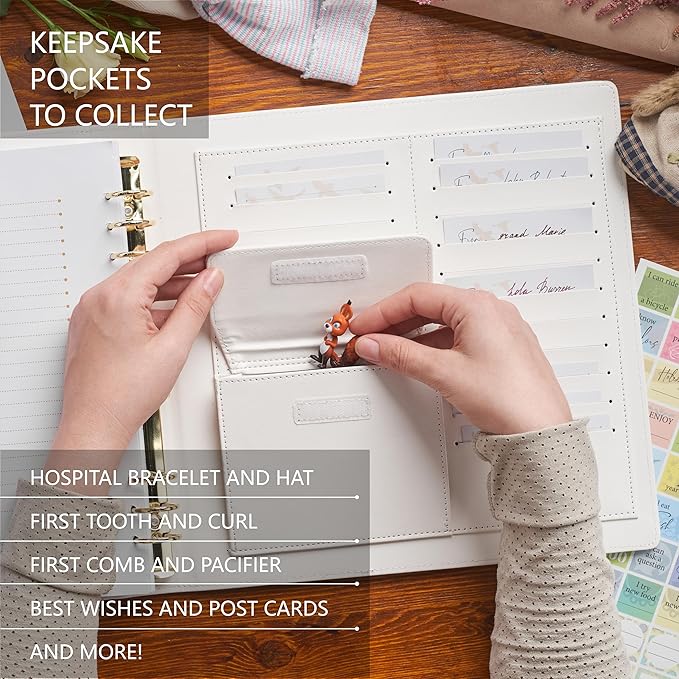 Keepsake Baby Memory Book Girl Boy – Timeless Leather-Bound Baby Milestone Book – Baby Book Keepsake Record First 5 Years – Gender Neutral Baby Scrapbook Album Baby Album Journal Registry Search Gift-BubblyBeeBaby