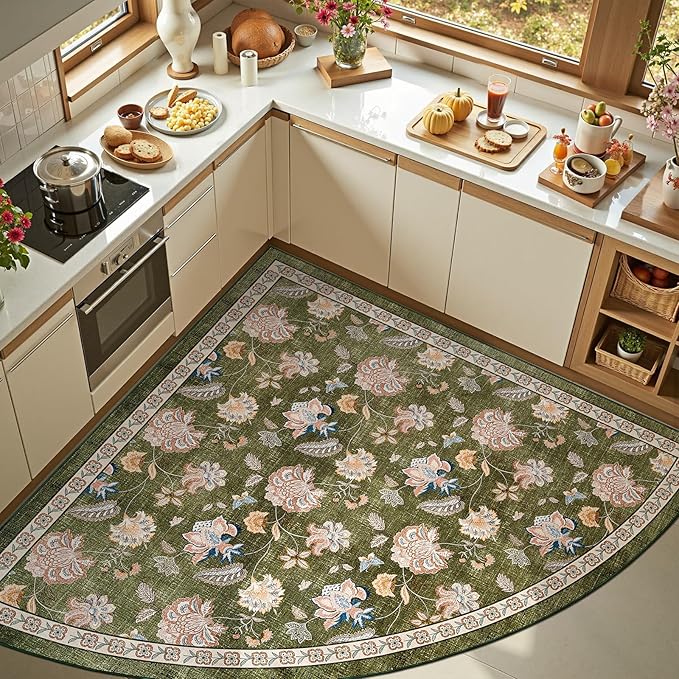 jinchan Floral Corner Rug for Kitchen Washable Nursery Rug Vintage Romance Design Non Slip Quarter Circle Lightweight Low-Pile Throw Carpet for Playroom Reading Nook Office, 5ft Radius, Green-BubblyBeeBaby