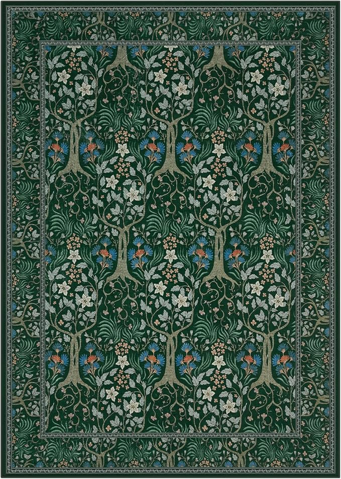 Joydeco Floral 5x7 Area Rugs for Living Room, Boho Dark Green Washable Rug Non Slip, Soft Low-Pile Botanical Forest Indoor Floor Throw Carpet for Office Dining Table Playroom Dorm-BubblyBeeBaby
