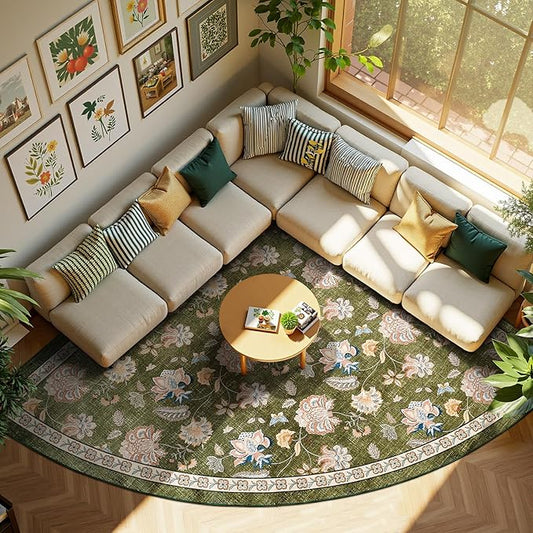 jinchan Floral Corner Rug for Living Room Washable Bedroom Rug Vintage Romance Design Non Slip Quarter Circle Lightweight Low-Pile Throw Carpet for Reading Nook Playroom,8ft Radius, Green-BubblyBeeBaby