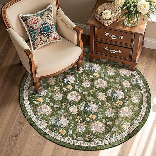 jinchan 4ft Floral Round Rug for Entryway Washable Kitchen Rug Vintage Romance Design Non Slip Indoor Doormat Lightweight Low-Profile Throw Carpet for Living Room Dining Room Bedroom, Green-BubblyBeeBaby