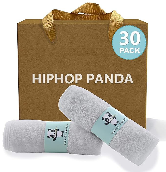 HIPHOP PANDA Baby Washcloths, Rayon Made from Bamboo - 2 Layer Ultra Soft Absorbent Newborn Bath Face Towel - Reusable Baby Wipes for Delicate Skin - Grey, 30 Pack-BubblyBeeBaby