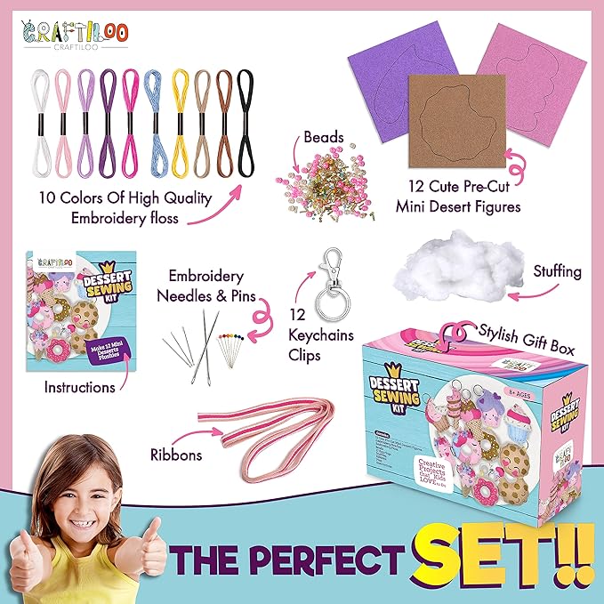 12 Pre-Cut Mini Treats Dessert Fun Kids Sewing Kit for Kids Ages 8-12 Children Beginners Sewing kit kid crafts Make Your Own Felt Pillow Plush Craft Kit Girls and Boys Art Craft Kits Learn to Sew Kit-BubblyBeeBaby