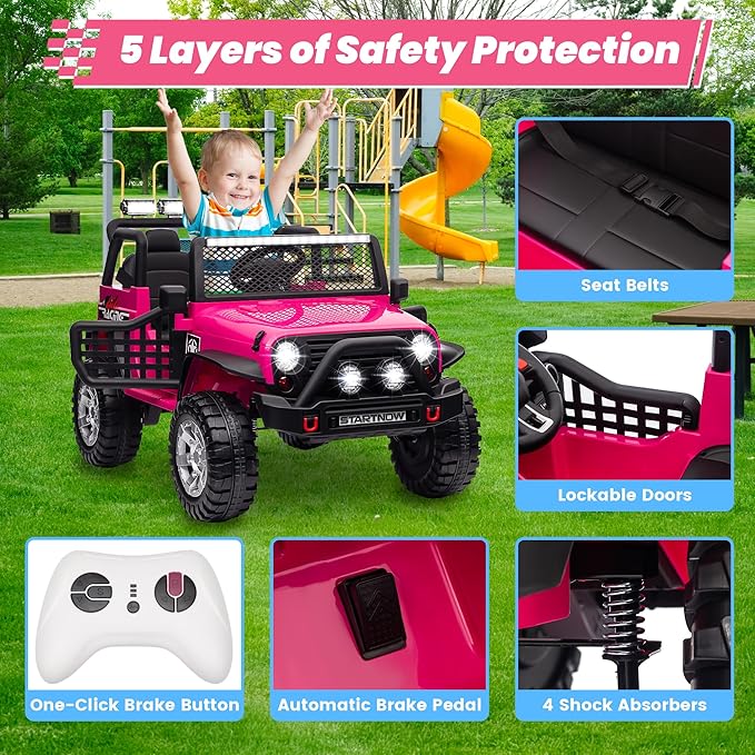 24V 4WD Ride on Truck Car w/800W Motors, Gift Flower, Remote Control, 2 Seaters, Light Bar, 3 Speeds, Pop Music, Power Four Wheels, 24 Volt Ride on Toy Car for Big Kids, Rose Red-BubblyBeeBaby